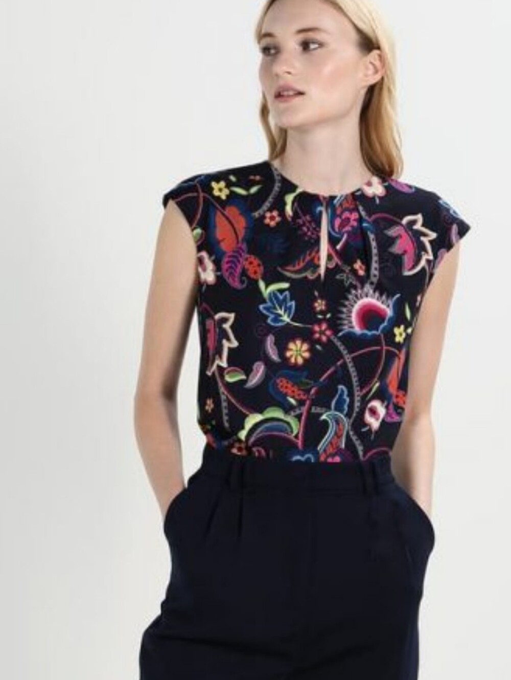 Ted Baker Navy Floral Lined Cap-Sleeve Shell Size 3 Or Medium